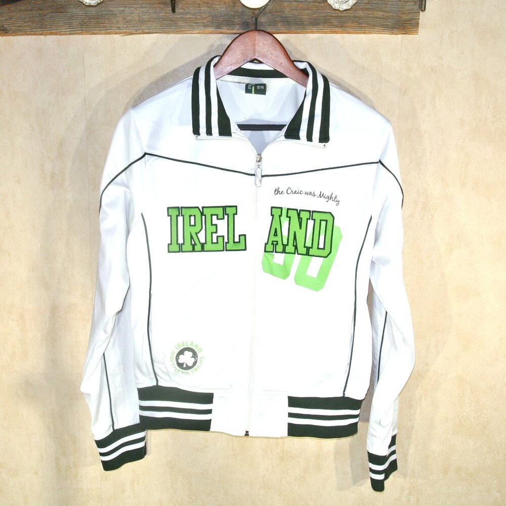 Women's Retro Irish White Green Ireland 50 Embroidered Track Jacket Size 12/14
